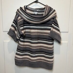 Croft & Barrow Womens Sweater‎ Gray Brown Striped Cowl Neck Short Sleeve Knit L
